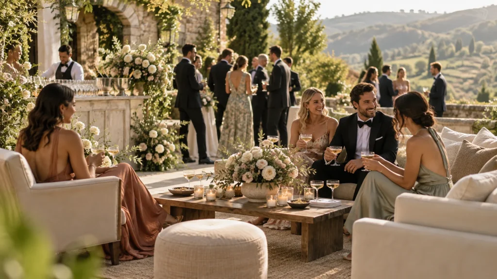Wedding guests enjoying a reception