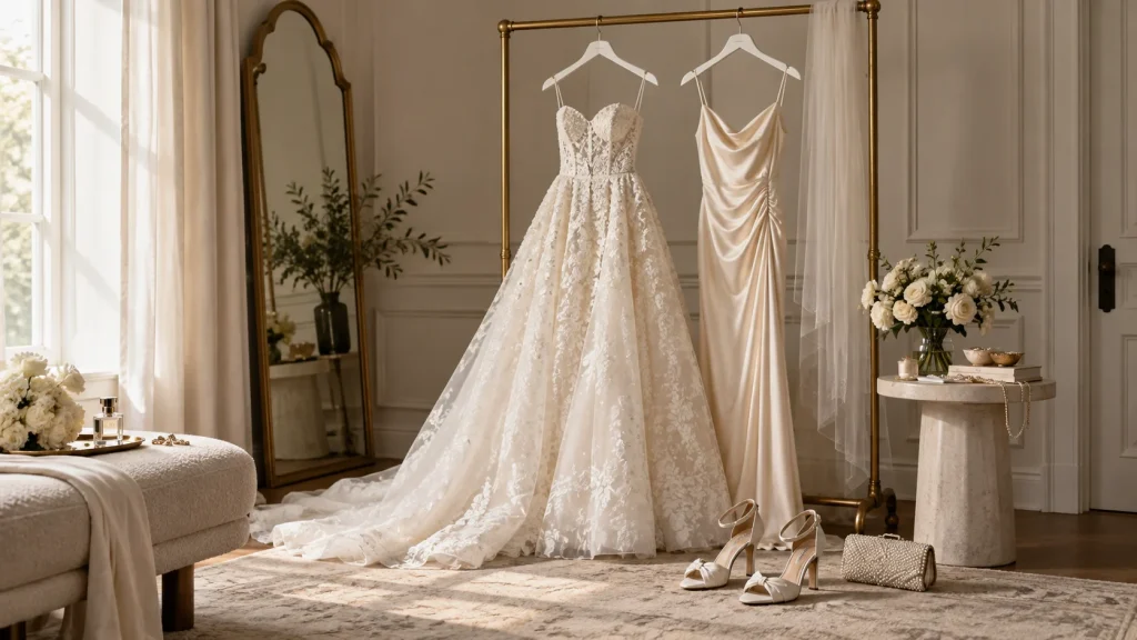 Bridal wardrobe and wedding-day outfit details