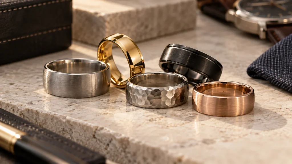 Men’s wedding rings in different widths and finishes