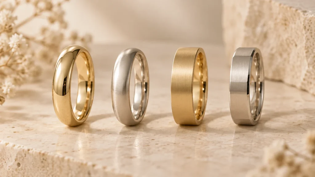 Polished, brushed, satin and hammered wedding ring finishes