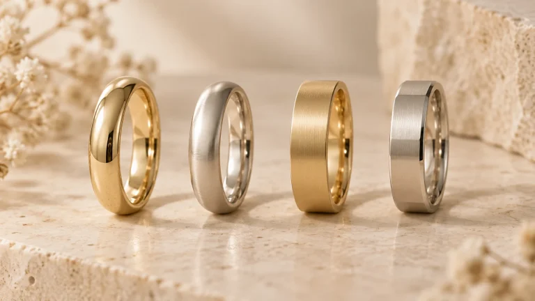 Polished, brushed, satin and hammered wedding ring finishes
