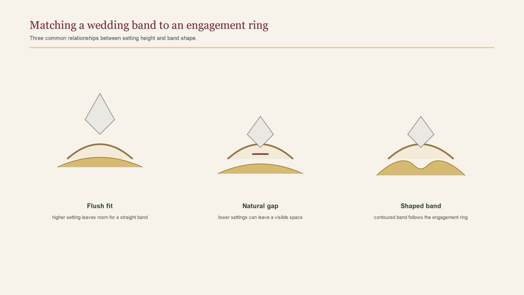 Wedding band fit beside different engagement-ring settings