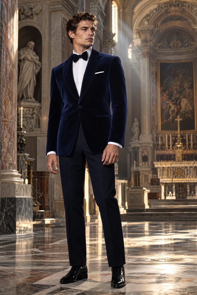 Luxedo Suits wedding tuxedo editorial image in a cathedral