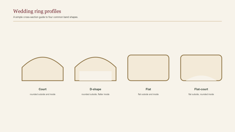 Court, D-shape, flat and flat-court wedding ring profiles