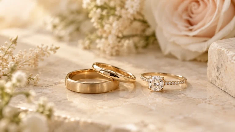 Gold wedding band and diamond engagement ring on white marble among white flowers.