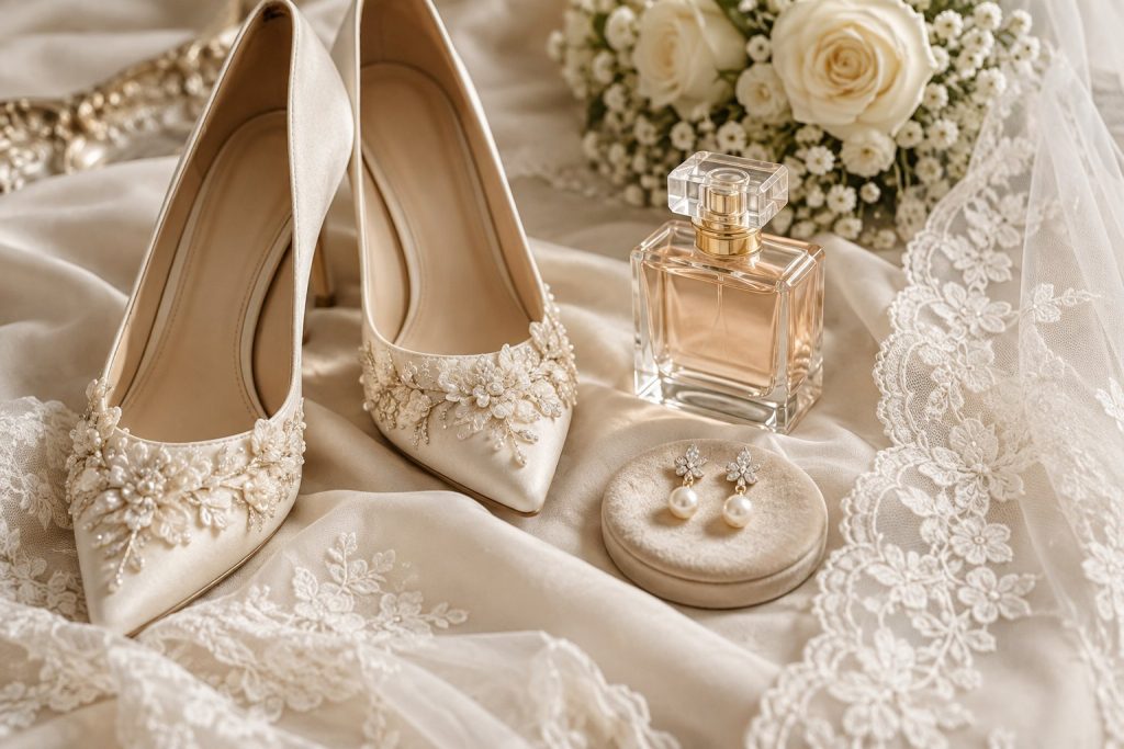 Bridal shoes, perfume, earrings and lace styled together