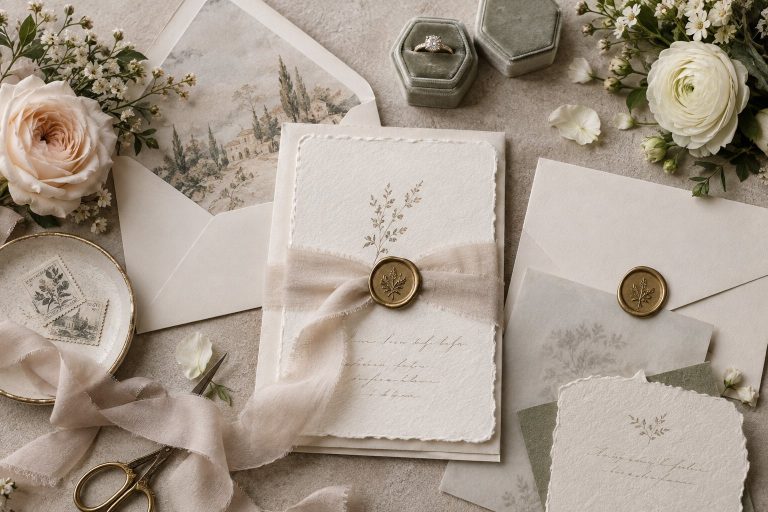 Elegant wedding invitation stationery flat lay with wax seals and flowers