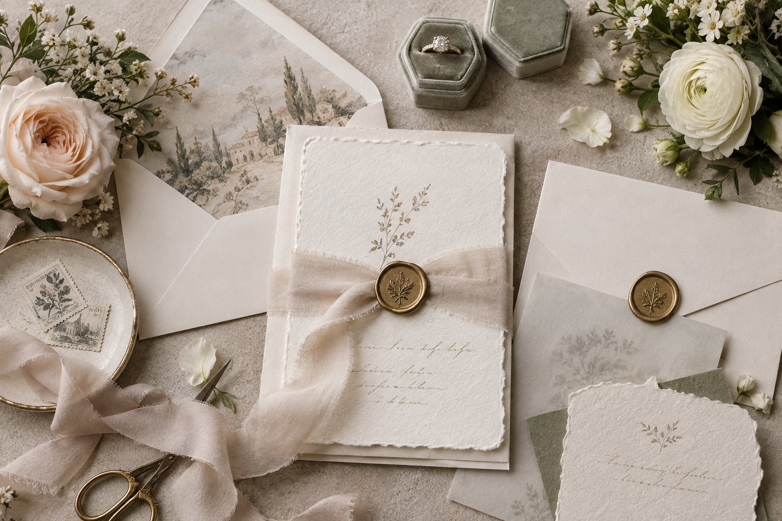 Elegant wedding invitation stationery flat lay