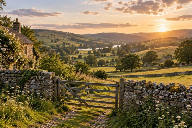 Romantic countryside gate and church scene at golden hour