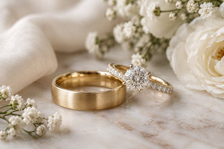 Close-up of gold wedding rings among white flowers