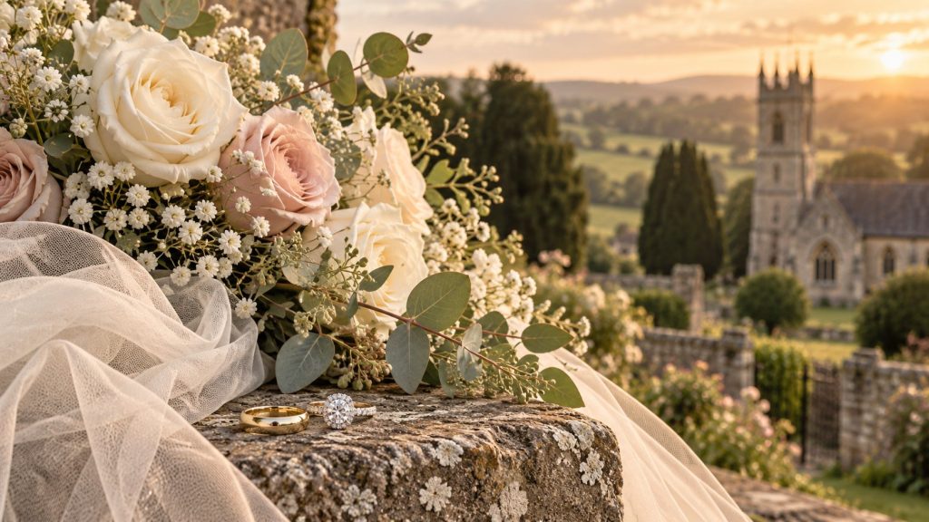 Wedding rings and bouquet in golden hour with a countryside church in the background
