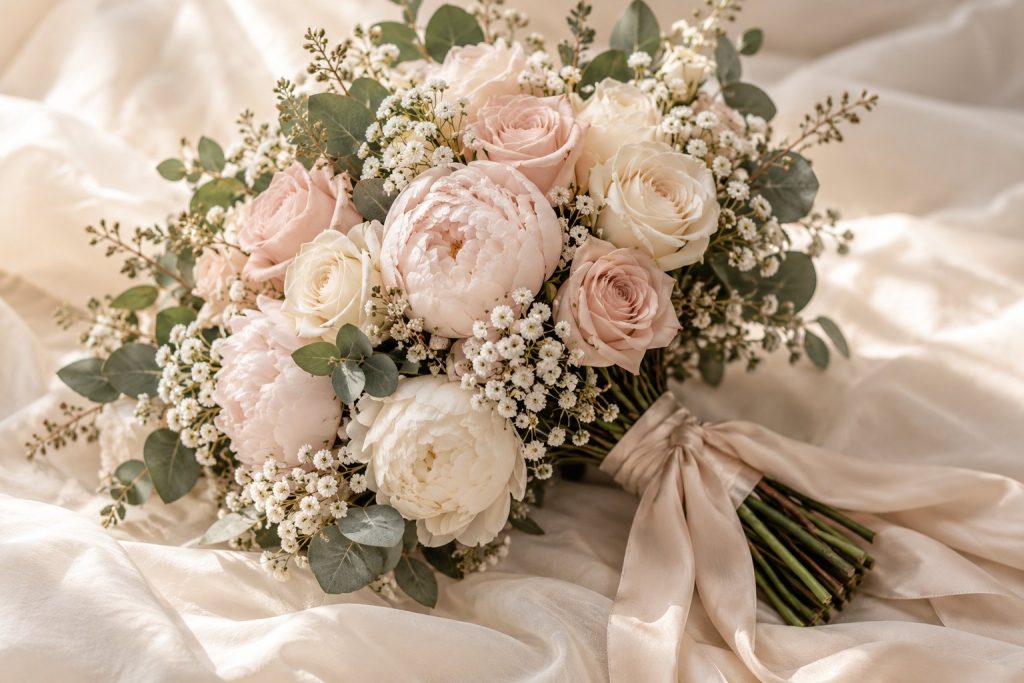 Romantic blush bridal bouquet on soft fabric