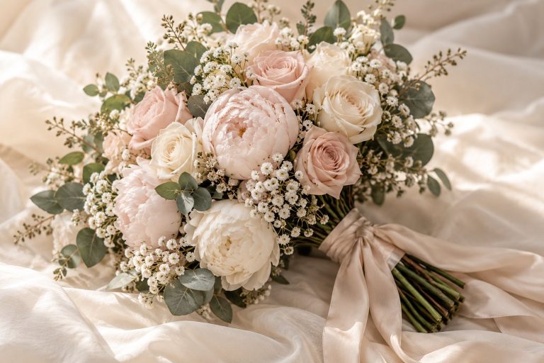 Romantic blush bridal bouquet on soft fabric