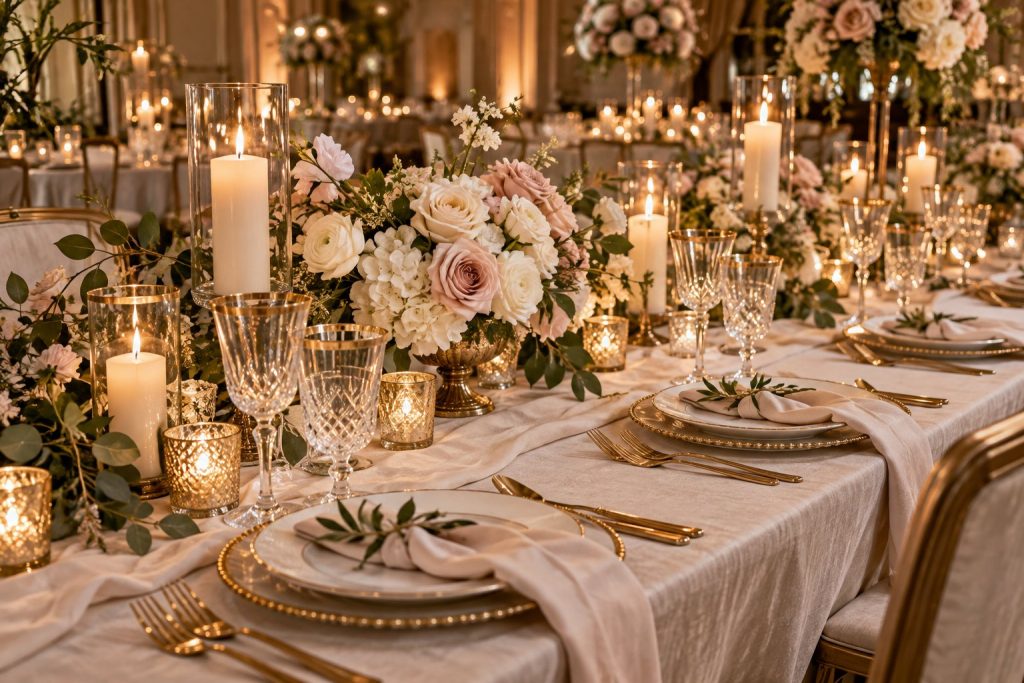 Elegant candlelit wedding reception table with flowers and glassware