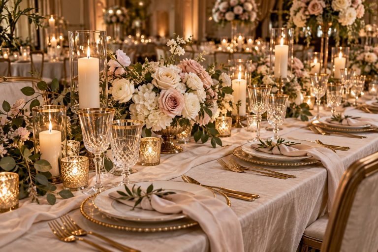 Elegant candlelit wedding reception table with flowers and glassware