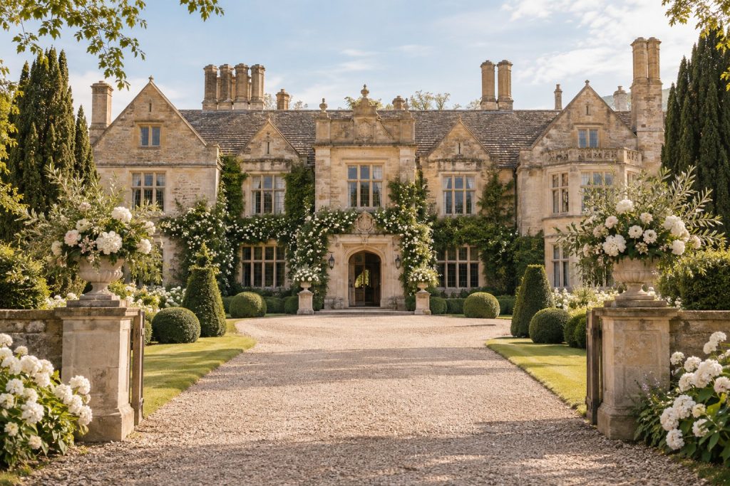 English manor house dressed for a wedding with flowers and gardens