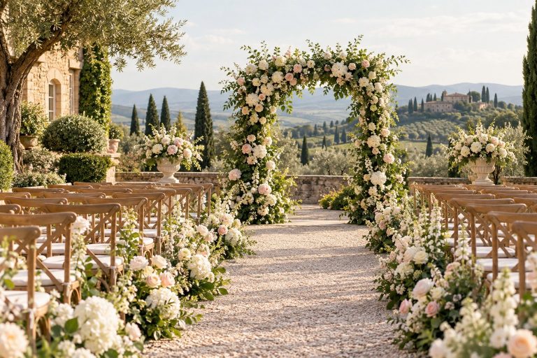 Outdoor wedding aisle with floral arch and rows of chairs