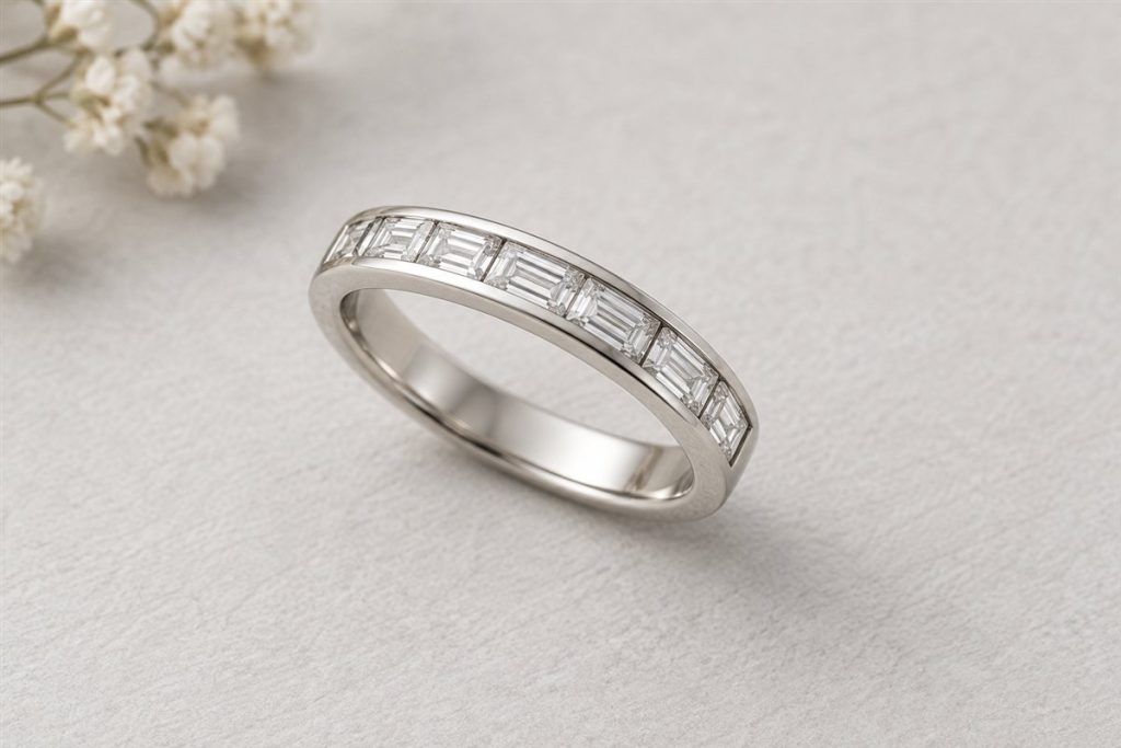 AI editorial illustration of a generic white-metal band with rectangular channel-set gemstones; not Queen Letizia’s ring.