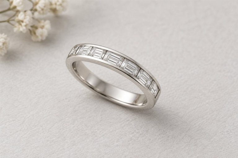 AI editorial illustration of a generic white-metal band with rectangular channel-set gemstones; not Queen Letizia’s ring.