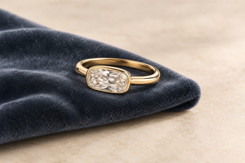 AI editorial illustration of a generic yellow-gold ring with a horizontally set clear stone; not Zendaya’s ring.