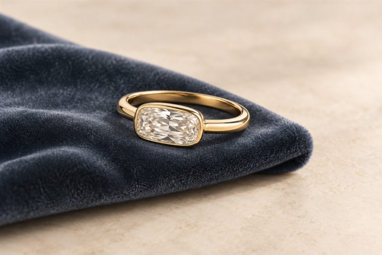 AI editorial illustration of a generic yellow-gold ring with a horizontally set clear stone; not Zendaya’s ring.