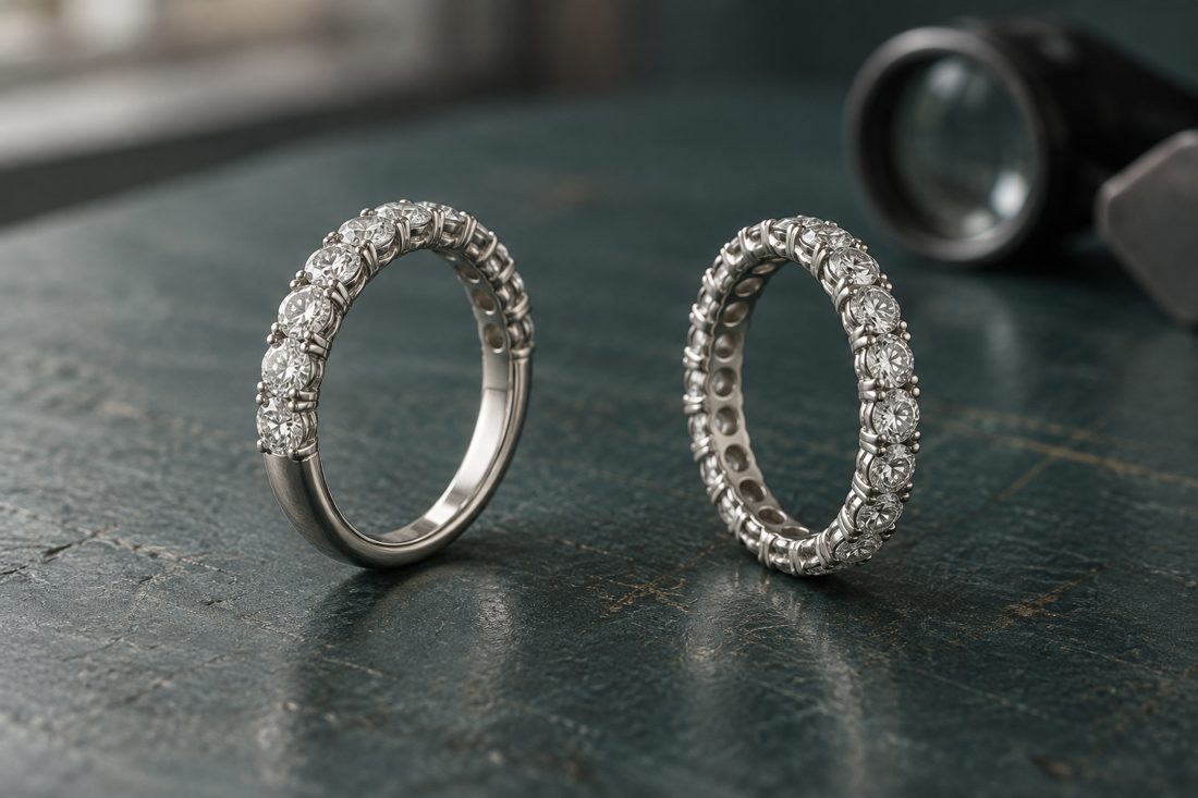 Illustration of a half-eternity band and a fully stone-set band viewed from the side on a teal work surface