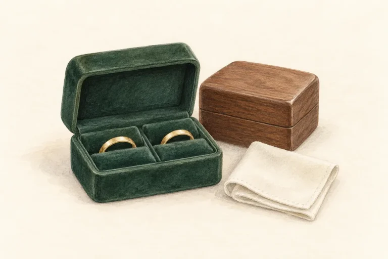 Illustration of two gold wedding bands in a green double ring box beside a wooden box.