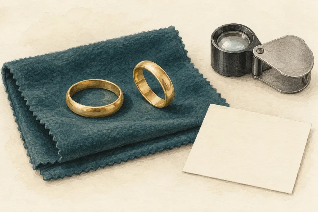 Illustration of two gold wedding bands on a teal cloth beside a jeweller’s loupe