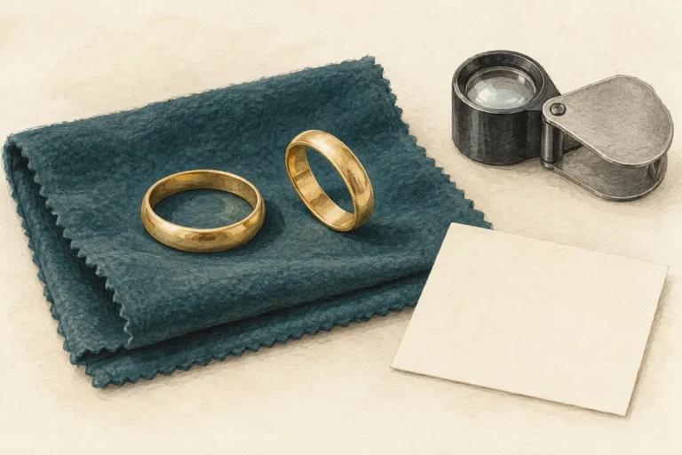 Illustration of two gold wedding bands on a teal cloth beside a jeweller’s loupe