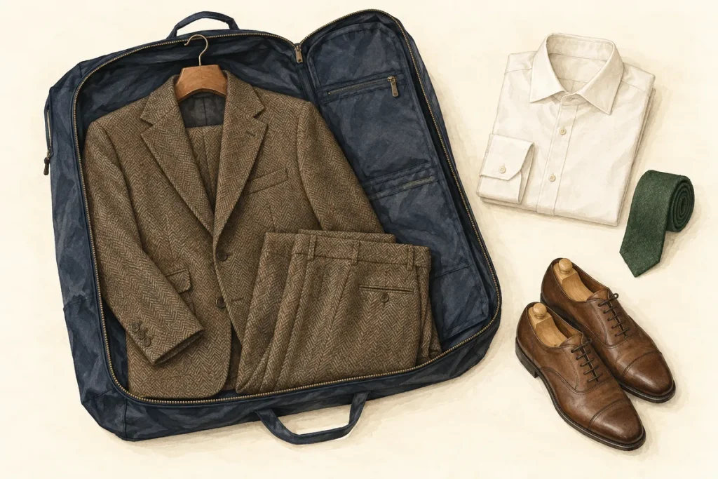 Illustration of a tweed suit packed in a garment bag beside a shirt, tie and brown shoes.